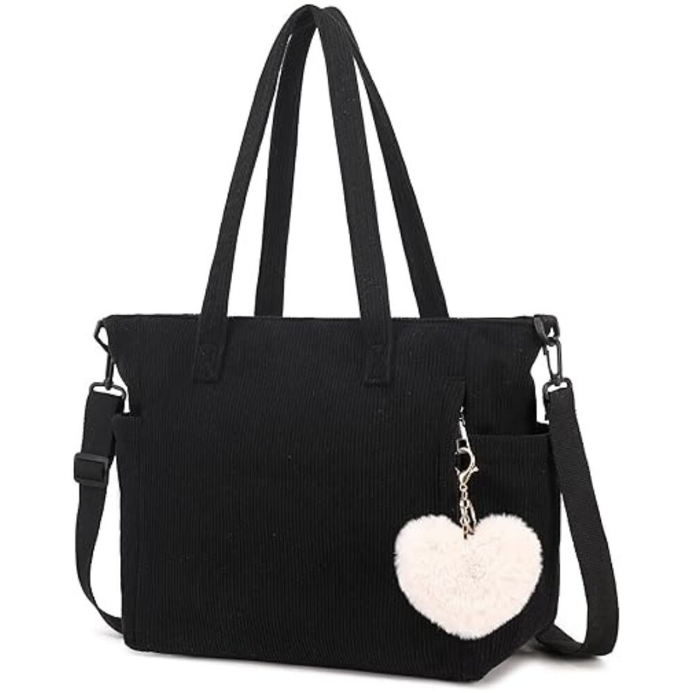 Black Corduroy Tote Bag - Crossbody Bag Great for Daily Essentials Travel/Work